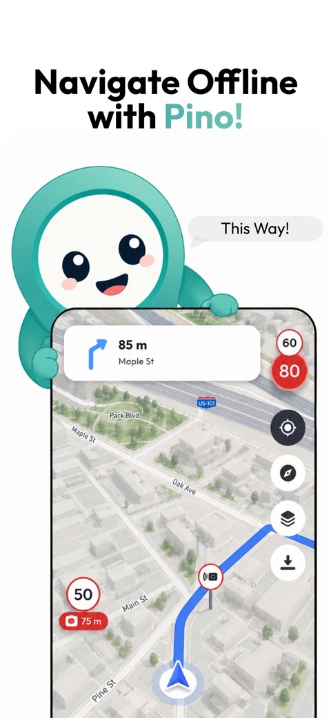 Pino turn-by-turn navigation on a phone: next turn in 85 metres, speed limit and speed camera warnings on an offline 3D map