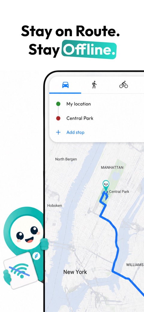 Planning a route to Central Park in Pino with driving, walking and cycling modes and an added stop, fully offline